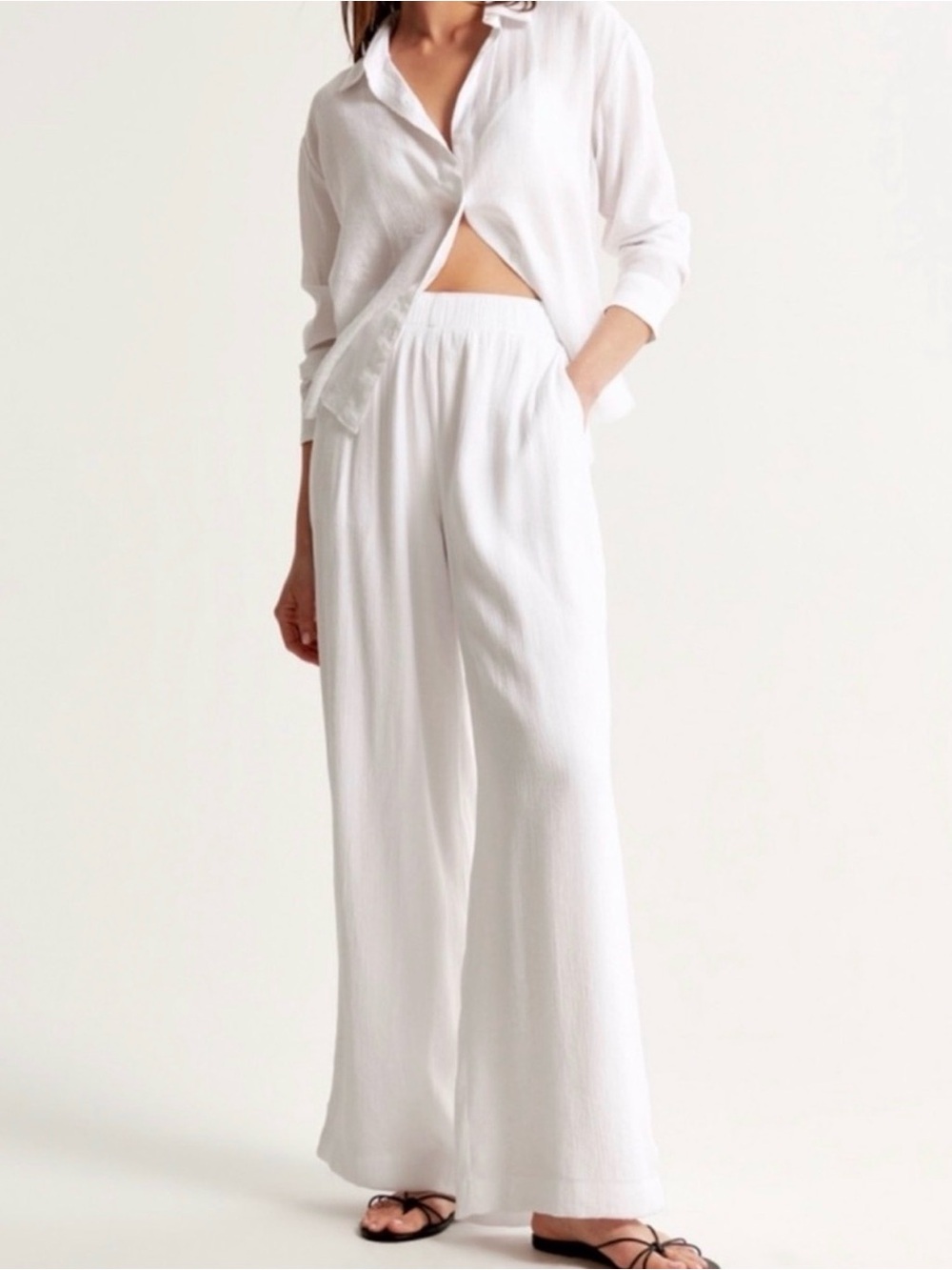 Abercrombie & Fitch White Wide-Leg Elastic-Waist Pants